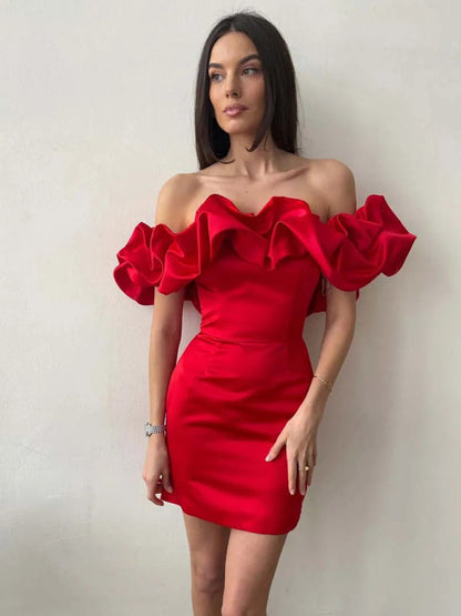 Tube Dresses- Elegant Satin Ruffle Off Shoulder Tube Mini Dress- Red- IndioGear Fashion and Gear