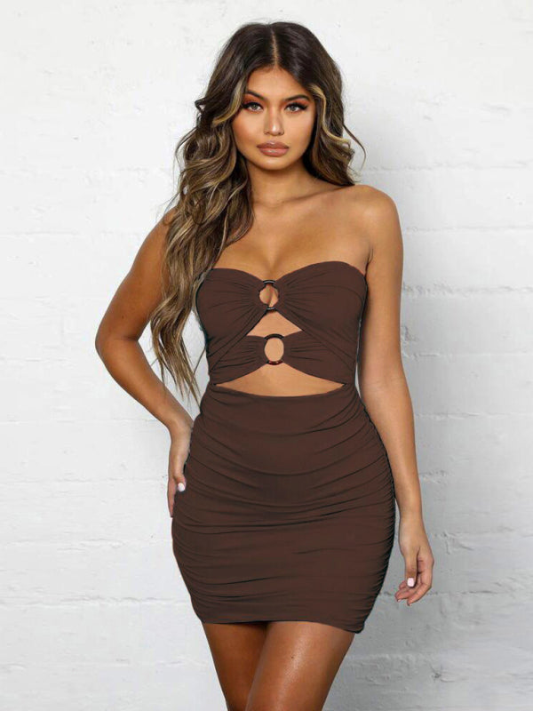 Tube Dresses- Solid Strapless Bodycon Mini Dress with Trendy Cutouts- Dark Brown- IndioGear Fashion and Gear