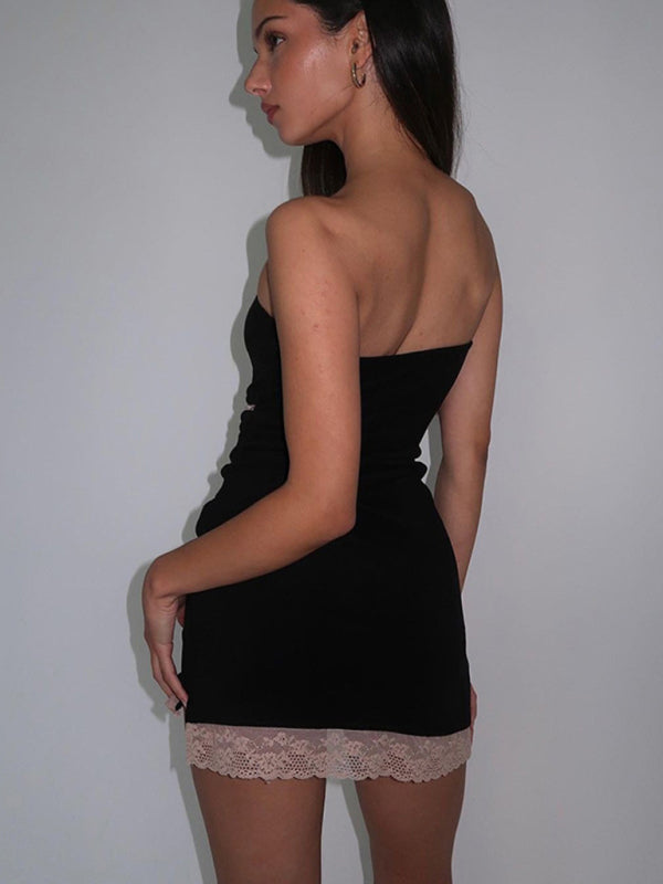 Tube Dresses- Solid Strapless Tube Sheath Mini Dress with Lace Accents- - IndioGear Fashion and Gear