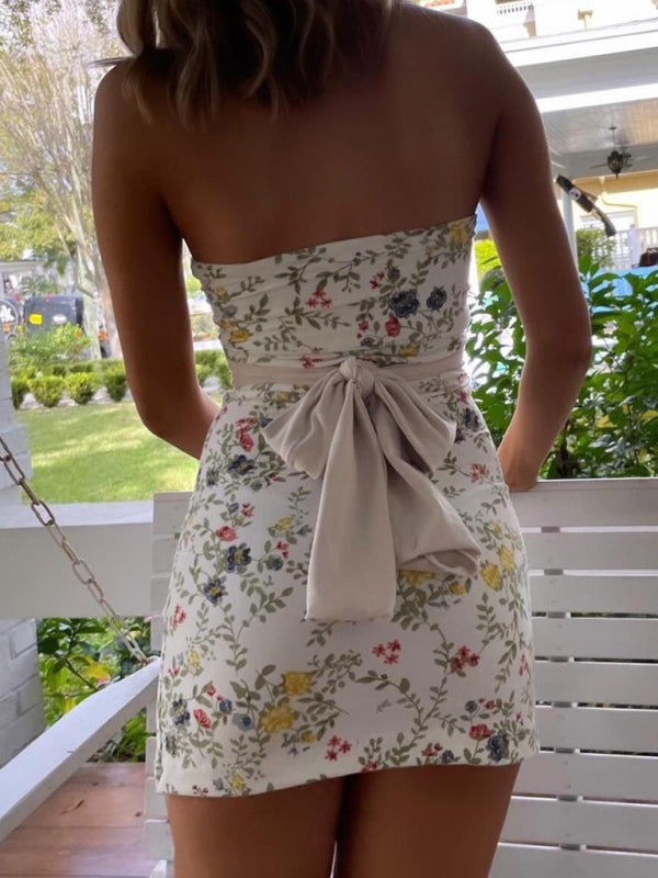 Tube Dresses- Strapless Floral Bodycon Mini Dress for Summer Days- - IndioGear Clothing and Gear