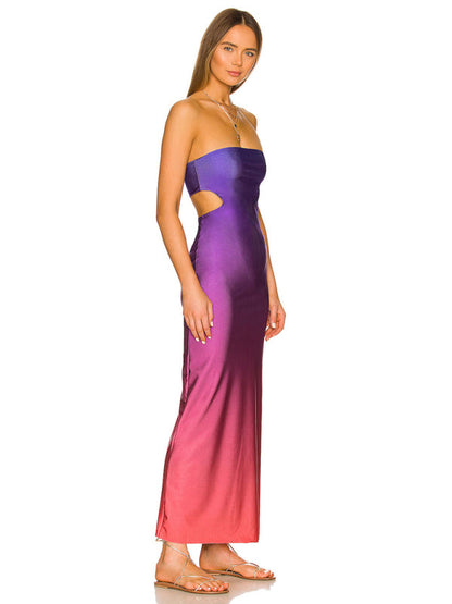 Tube Dresses-Vacation Strapless Cutout Maxi Dress with Side Slit-Pekosa Women Clothing