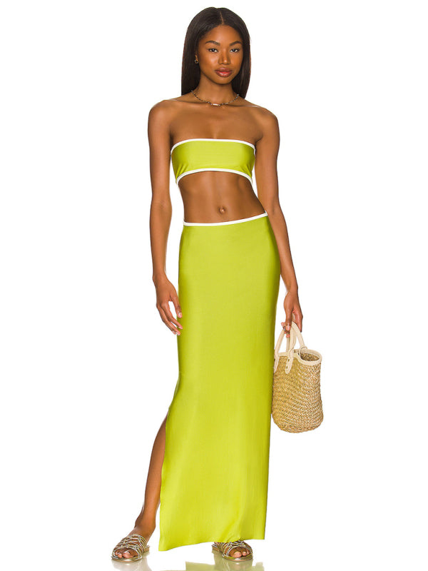 Tube Dresses-Vacation Strapless Cutout Maxi Dress with Side Slit-Pekosa Women Clothing