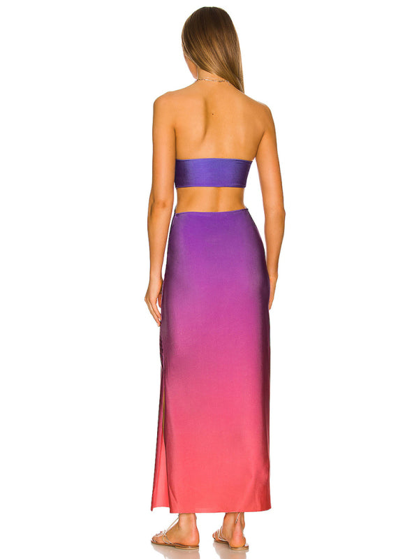 Tube Dresses-Vacation Strapless Cutout Maxi Dress with Side Slit-Pekosa Women Clothing