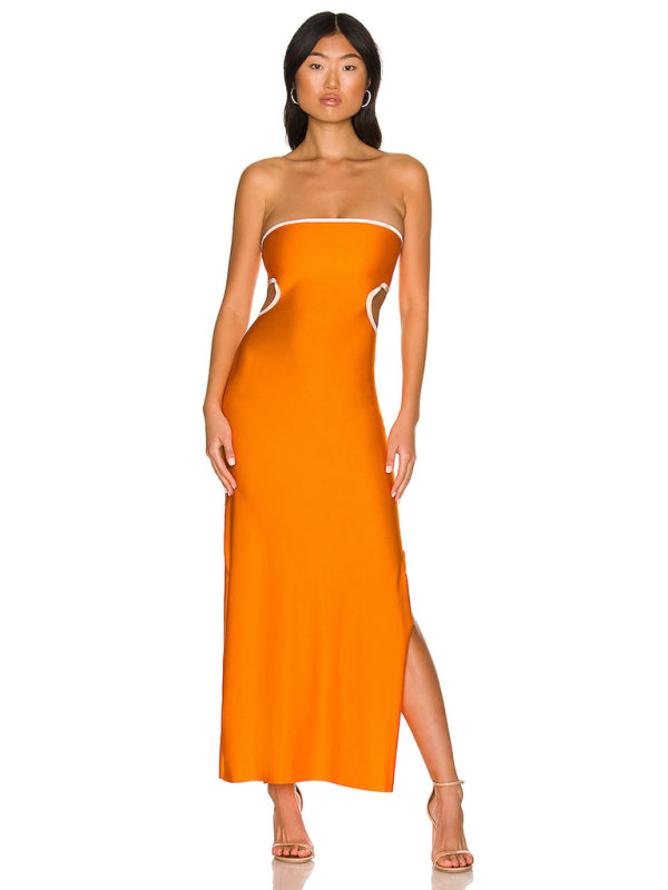 Tube Dresses-Vacation Strapless Cutout Maxi Dress with Side Slit-Pekosa Women Clothing