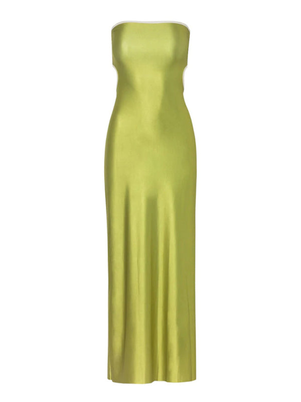 Tube Dresses-Vacation Strapless Cutout Maxi Dress with Side Slit-Pekosa Women Clothing