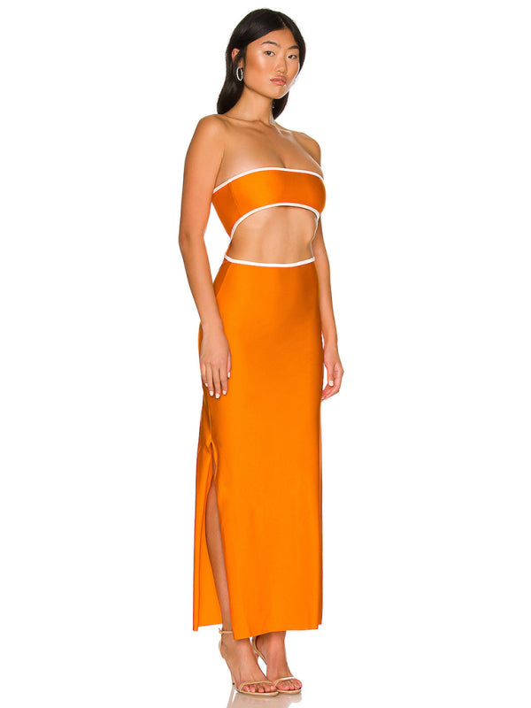 Tube Dresses-Vacation Strapless Cutout Maxi Dress with Side Slit-Pekosa Women Clothing