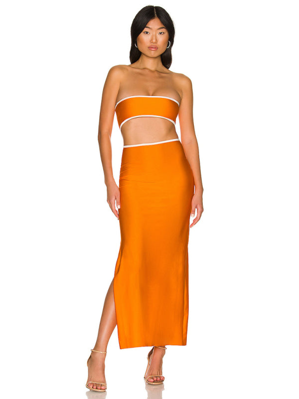 Tube Dresses-Vacation Strapless Cutout Maxi Dress with Side Slit-Pekosa Women Clothing