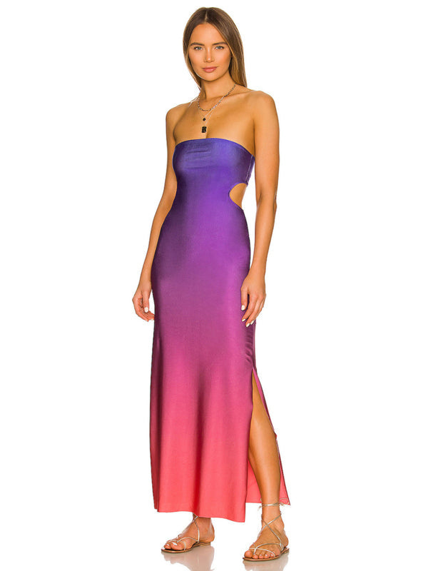 Tube Dresses-Vacation Strapless Cutout Maxi Dress with Side Slit-Pekosa Women Clothing