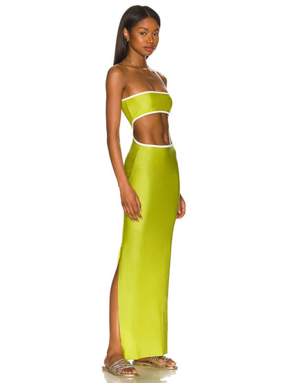 Tube Dresses-Vacation Strapless Cutout Maxi Dress with Side Slit-Pekosa Women Clothing