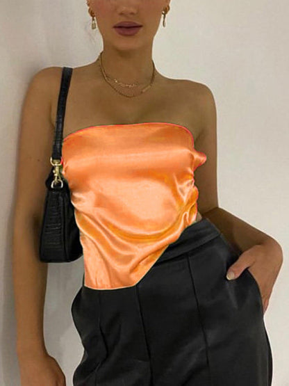 Tube Tops- Luxe Satin Strapless Tube Top in Backless- Orange- IndioGear Fashion and Gear