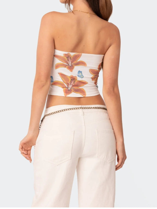 Tube Tops- Women's Fitted Floral Print Tube Crop Top for Summer- - IndioGear Fashion and Gear