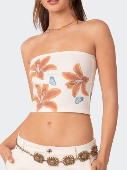 Tube Tops- Women's Fitted Floral Print Tube Crop Top for Summer- - IndioGear Fashion and Gear