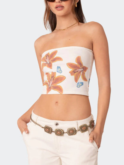 Tube Tops- Women's Fitted Floral Print Tube Crop Top for Summer- White- IndioGear Fashion and Gear