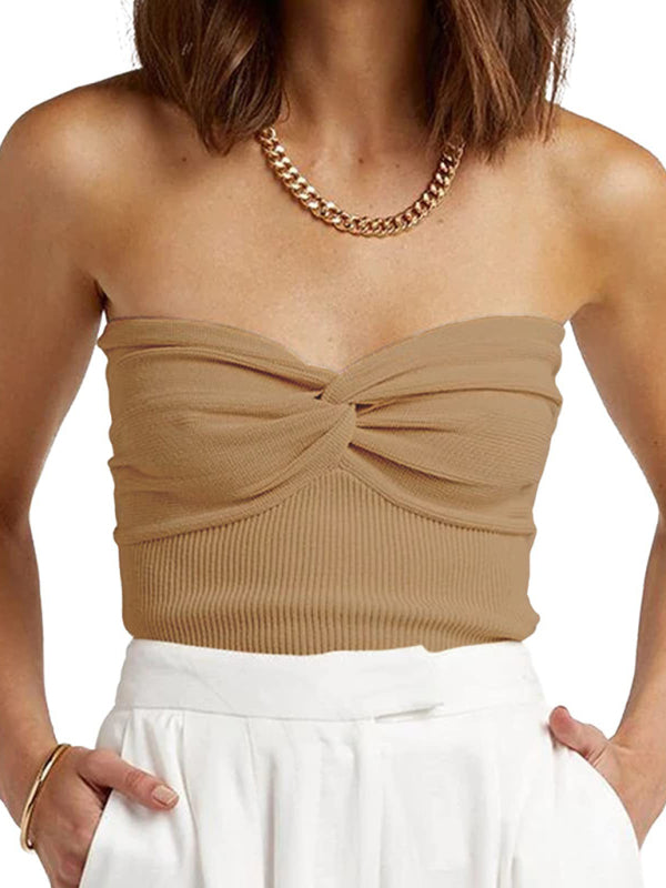 Tube Tops- Women's Strapless Knitwear Tube Knot Top- Khaki- IndioGear Fashion and Gear