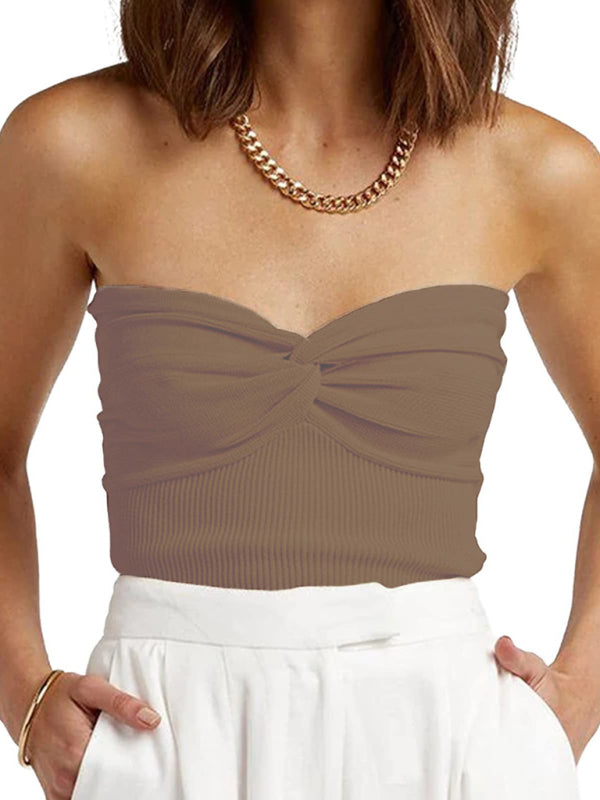 Tube Tops- Women's Strapless Knitwear Tube Knot Top- Brown- IndioGear Fashion and Gear