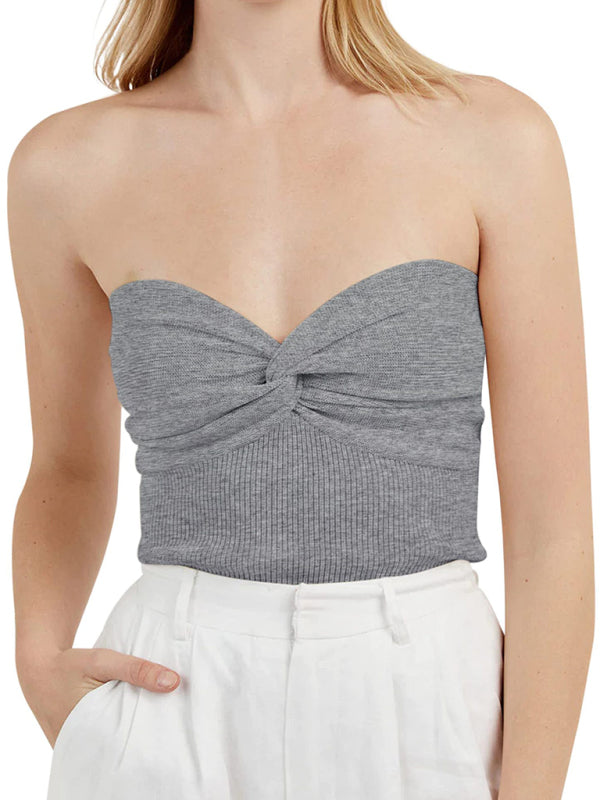 Tube Tops- Women's Strapless Knitwear Tube Knot Top- Grey- IndioGear Fashion and Gear