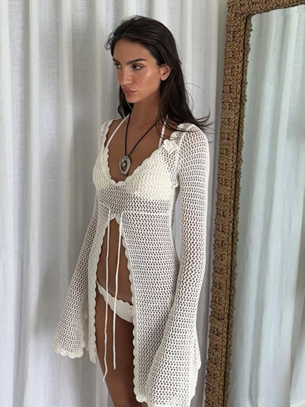 Tunic Cover Up- Open Knit Beachwear Cover-Up - Long Sleeve Crochet Tunic- - IndioGear Fashion and Gear