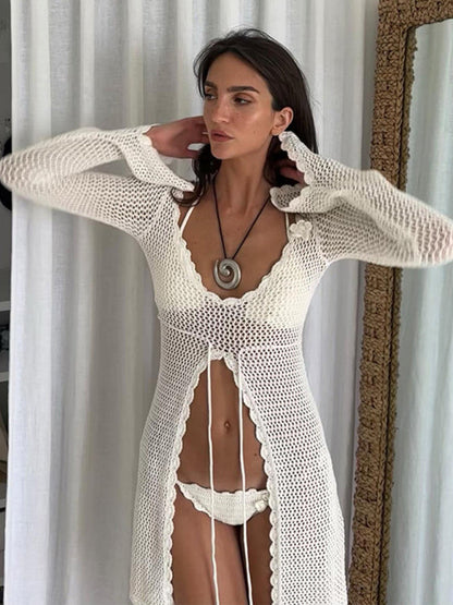 Tunic Cover Up- Open Knit Beachwear Cover-Up - Long Sleeve Crochet Tunic- - IndioGear Fashion and Gear