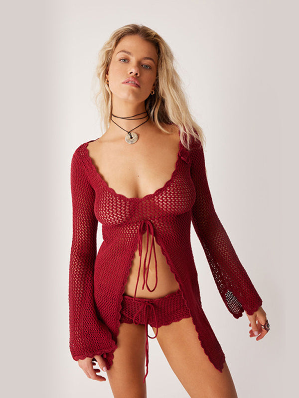 Tunic Cover Up- Open Knit Beachwear Cover-Up - Long Sleeve Crochet Tunic- - IndioGear Fashion and Gear