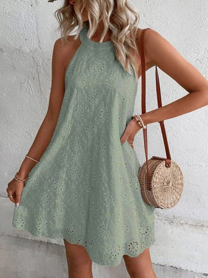 Tunic Dress- Chic and Breezy Eyelet Mini Tunic Dress for Women- Green- IndioGear Fashion and Gear