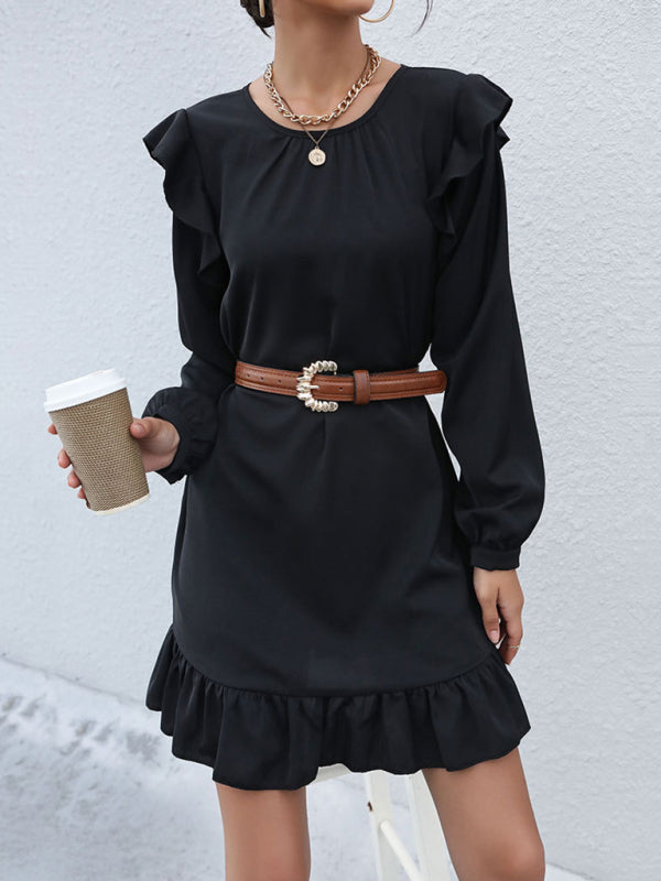 Tunic Dresses- Casual Ruffle Accents on Solid Tunic Dress- - IndioGear Clothing and Gear