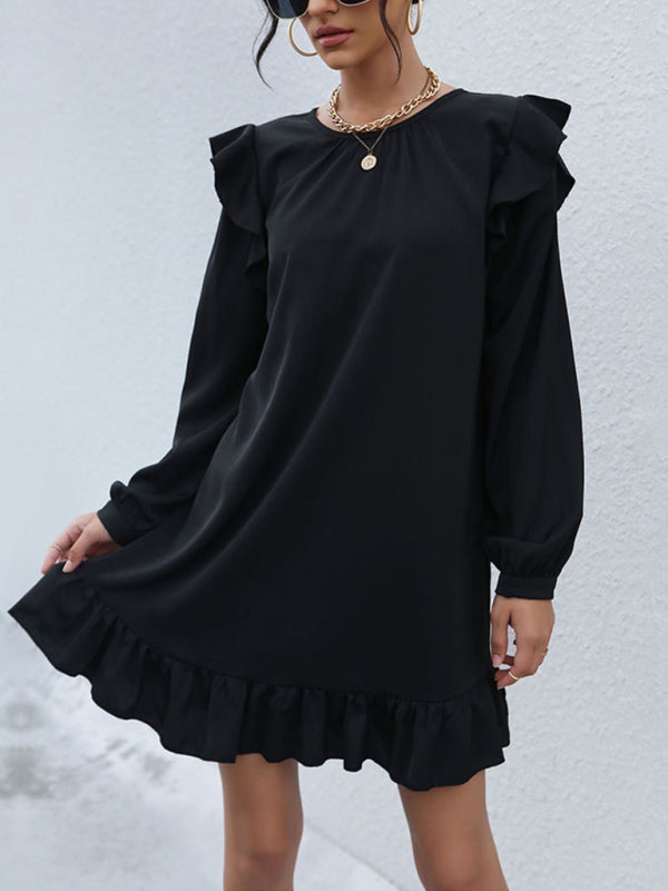 Tunic Dresses- Casual Ruffle Accents on Solid Tunic Dress- - IndioGear Clothing and Gear