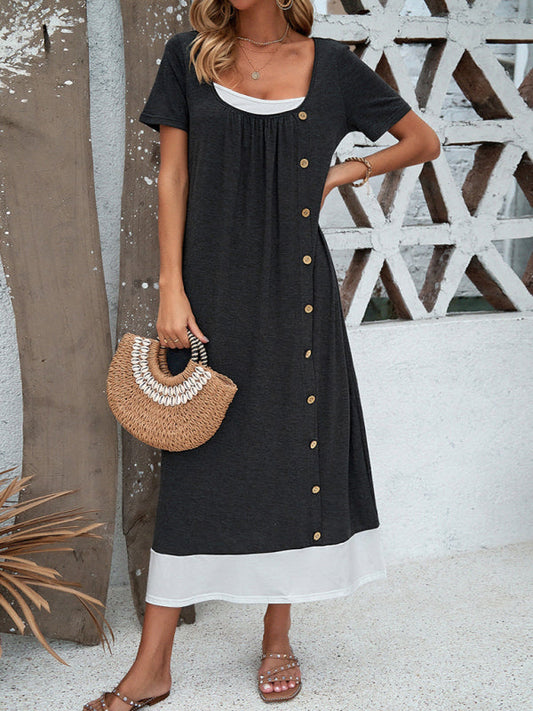 Tunic Dresses- Casual Two-Tone Tunic Midi Dress with Short Sleeves- Charcoal grey- IndioGear Fashion and Gear