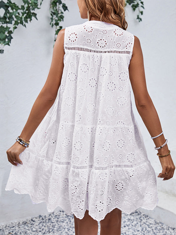 Tunic Dresses- Embroidery Eyelet Sleeveless Tunic Sundress- - IndioGear Fashion and Gear