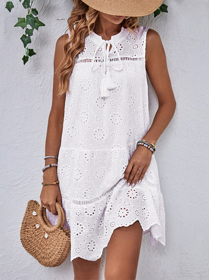 Tunic Dresses- Embroidery Eyelet Sleeveless Tunic Sundress- White- IndioGear Fashion and Gear