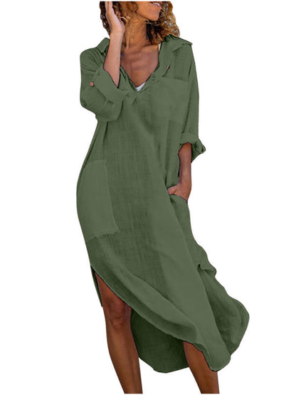 Tunic Dresses- Essential Solid Cotton Tunic Shirt Dress with Roll-Up Sleeves- - IndioGear Fashion and Gear