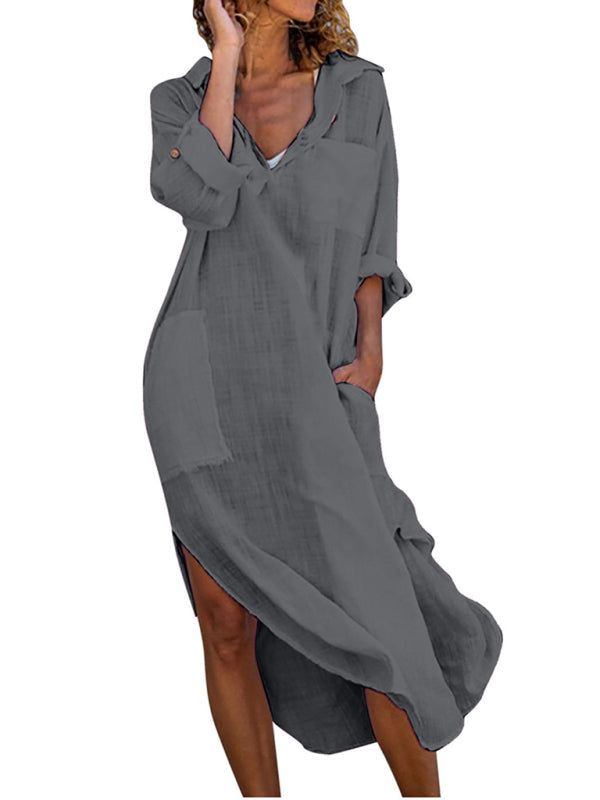 Tunic Dresses- Essential Solid Cotton Tunic Shirt Dress with Roll-Up Sleeves- - IndioGear Fashion and Gear