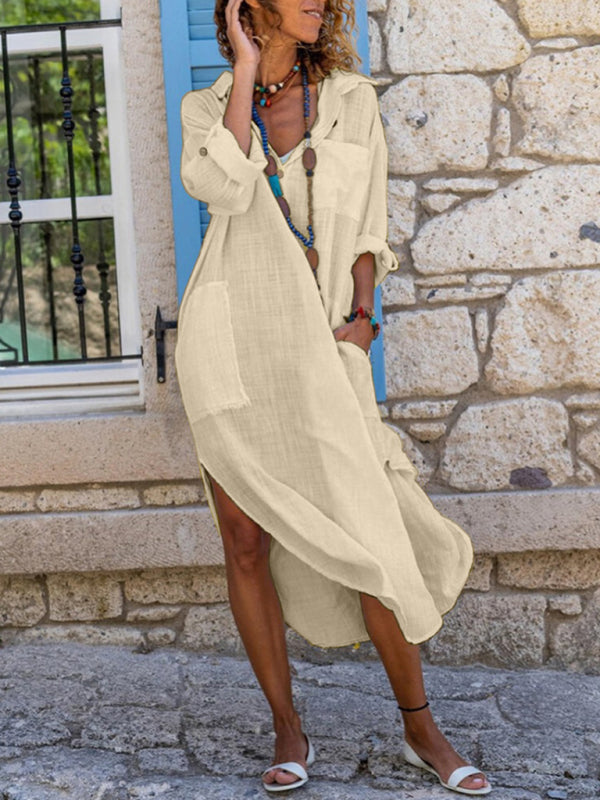 Tunic Dresses- Essential Solid Cotton Tunic Shirt Dress with Roll-Up Sleeves- Khaki- IndioGear Fashion and Gear