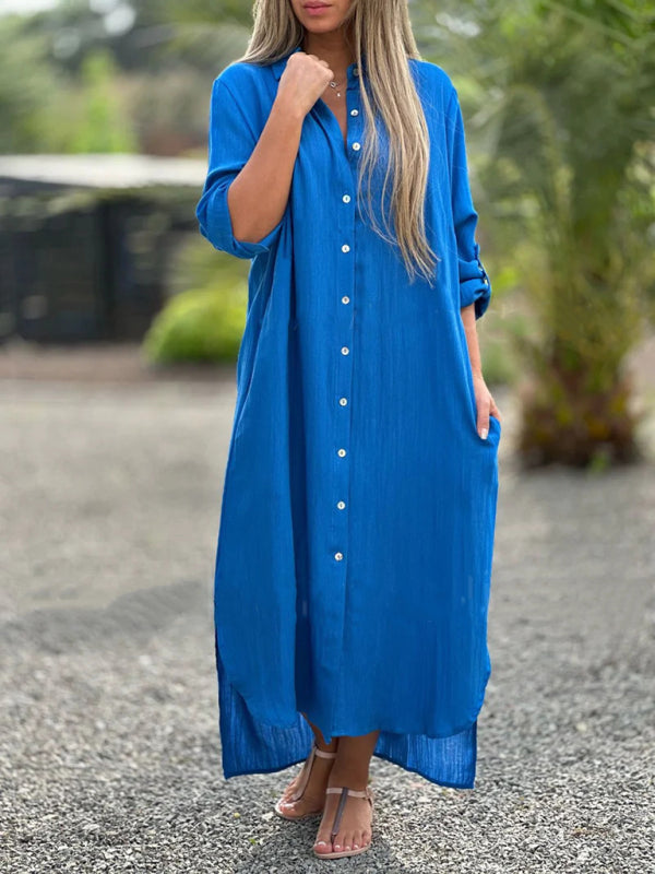 Tunic Dresses- Essential Summer Loose Tunic Shirt Dress in Cotton with Roll-Up Sleeves- Blue- IndioGear Fashion and Gear