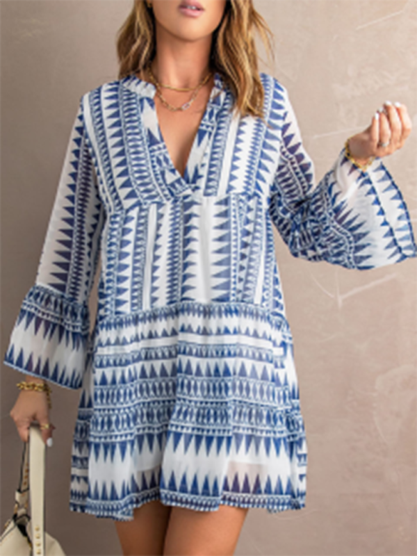 Tunic Dresses- Geo Print V-Neck Summer Tunic Dress with Lantern Sleeves- - IndioGear Fashion and Gear