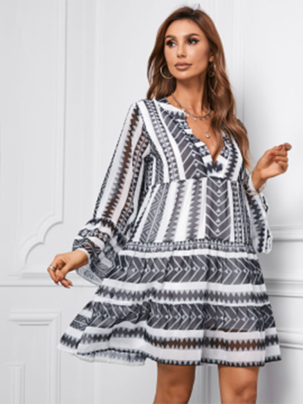 Tunic Dresses- Geo Print V-Neck Summer Tunic Dress with Lantern Sleeves- - IndioGear Fashion and Gear