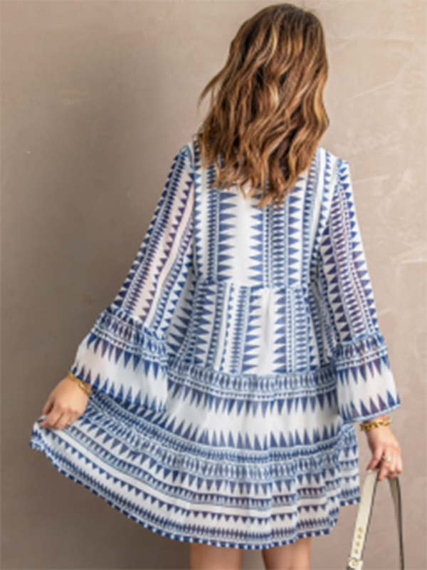 Tunic Dresses- Geo Print V-Neck Summer Tunic Dress with Lantern Sleeves- - IndioGear Fashion and Gear