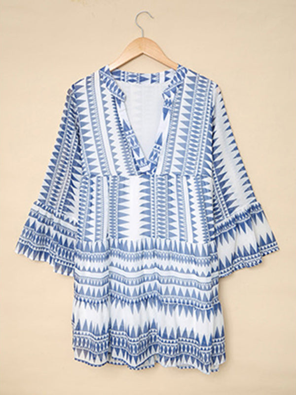 Tunic Dresses- Geo Print V-Neck Summer Tunic Dress with Lantern Sleeves- - IndioGear Fashion and Gear