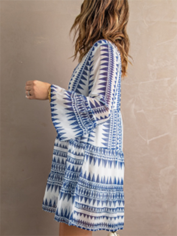 Tunic Dresses- Geo Print V-Neck Summer Tunic Dress with Lantern Sleeves- - IndioGear Fashion and Gear