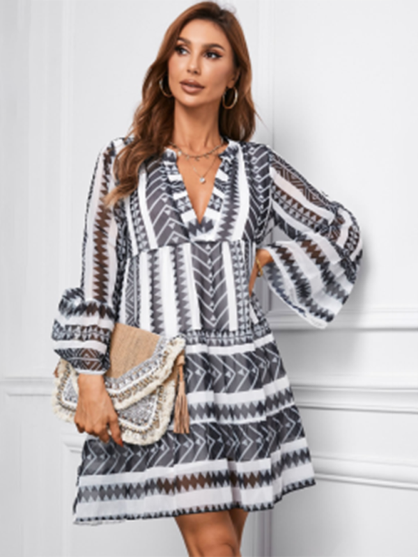 Tunic Dresses- Geo Print V-Neck Summer Tunic Dress with Lantern Sleeves- - IndioGear Fashion and Gear