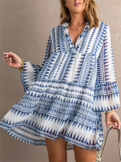 Tunic Dresses- Geo Print V-Neck Summer Tunic Dress with Lantern Sleeves- Blue- IndioGear Fashion and Gear