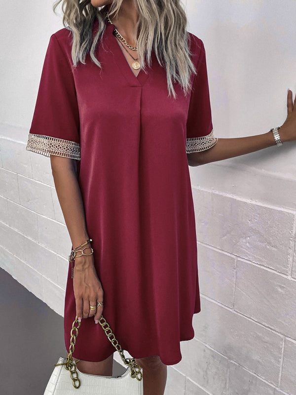 Tunic Dresses- Lace Accents Short Sleeve Tunic Mini Dress in Solid Hues- Chuzko Women Clothing