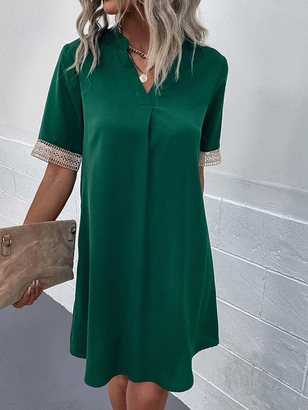 Tunic Dresses- Lace Accents Short Sleeve Tunic Mini Dress in Solid Hues- Chuzko Women Clothing