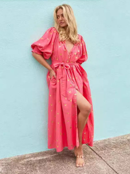 Loose-Fit Printed Maxi Tunic Dress with Balloon Sleeves and Belted Waist