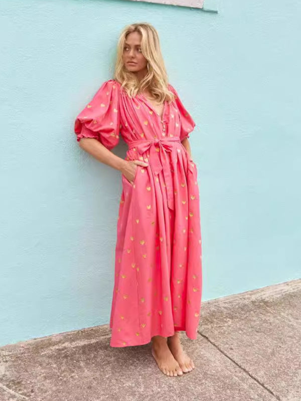 Loose-Fit Printed Maxi Tunic Dress with Balloon Sleeves and Belted Waist