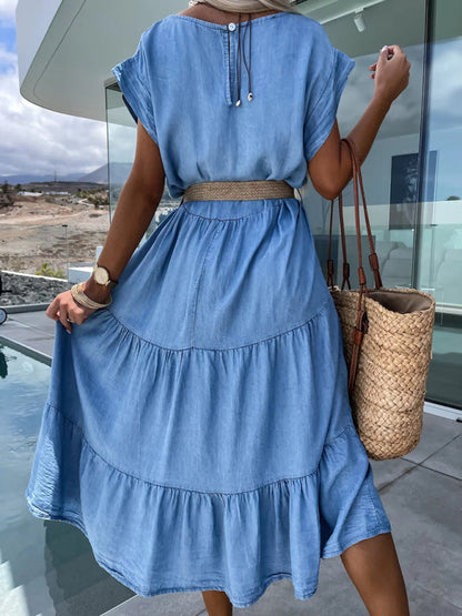 Short-Sleeved Tiered Denim-Like Tunic Dress