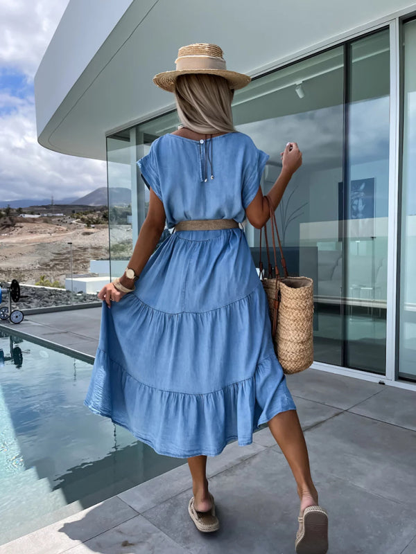 Short-Sleeved Tiered Denim-Like Tunic Dress