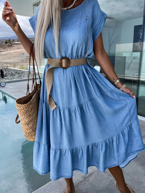 Short-Sleeved Tiered Denim-Like Tunic Dress