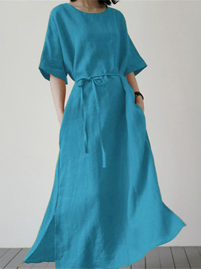 Tunic Dresses- Solid Cotton-Linen Tunic Maxi Dress- Blue- IndioGear Fashion and Gear