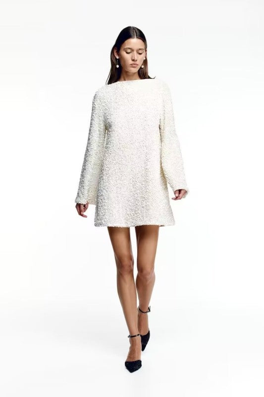 Tunic Dresses- Sparkle Sequin Mini Dress - Oversized Flare-Sleeve Tunic- White- IndioGear Clothing and Gear