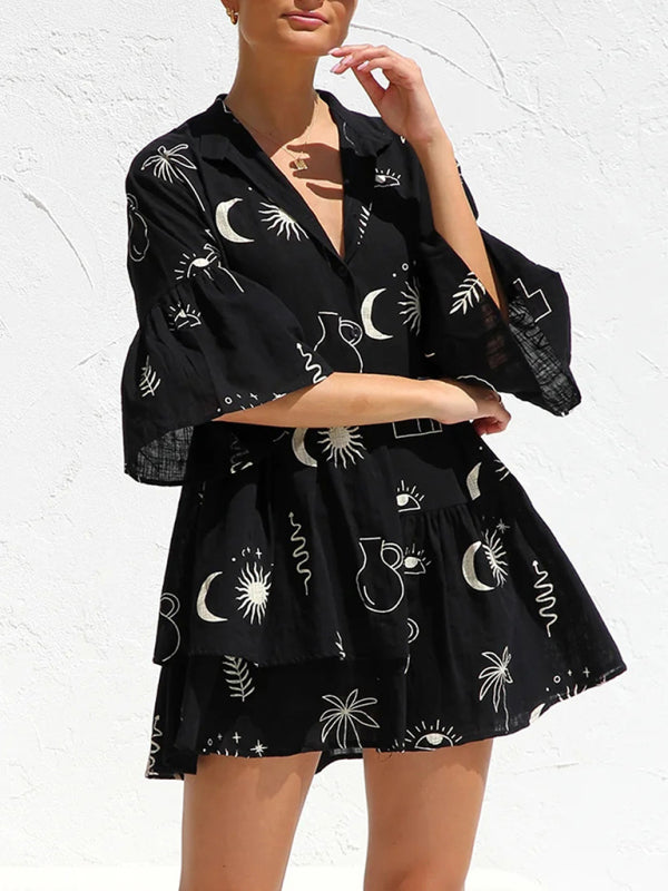 Tunic Dresses- Summer Print Tunic Dress with 3/4 Sleeves in Layered Design- Black- IndioGear Fashion and Gear